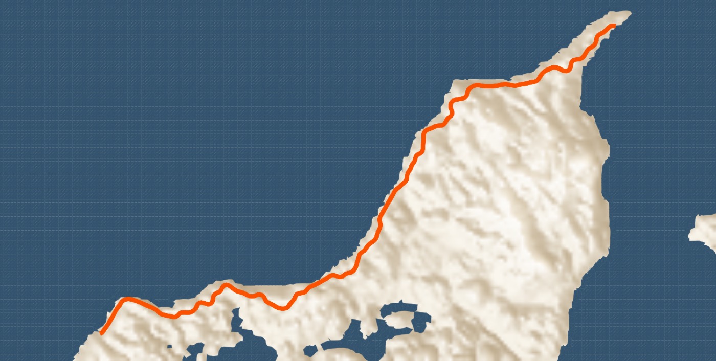 Dirty Jutland-ruten som 3D-print set fra oven: Nordjylland i sandfarvet relief, ruten i orange og Vesterhavet i blåt